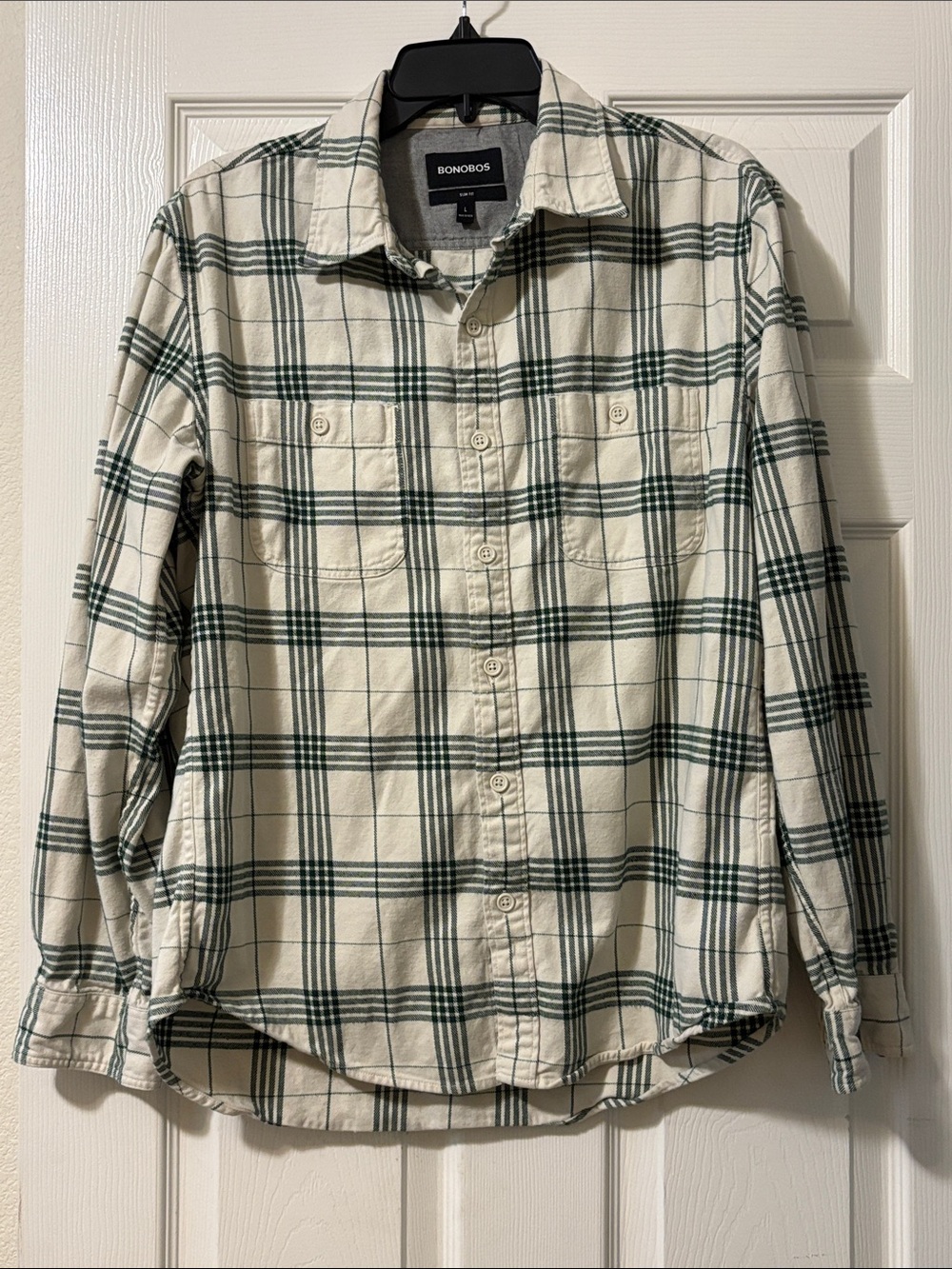Bonobos Cream and Dark Green Plaid Long-Sleeve Button-Down Shirt